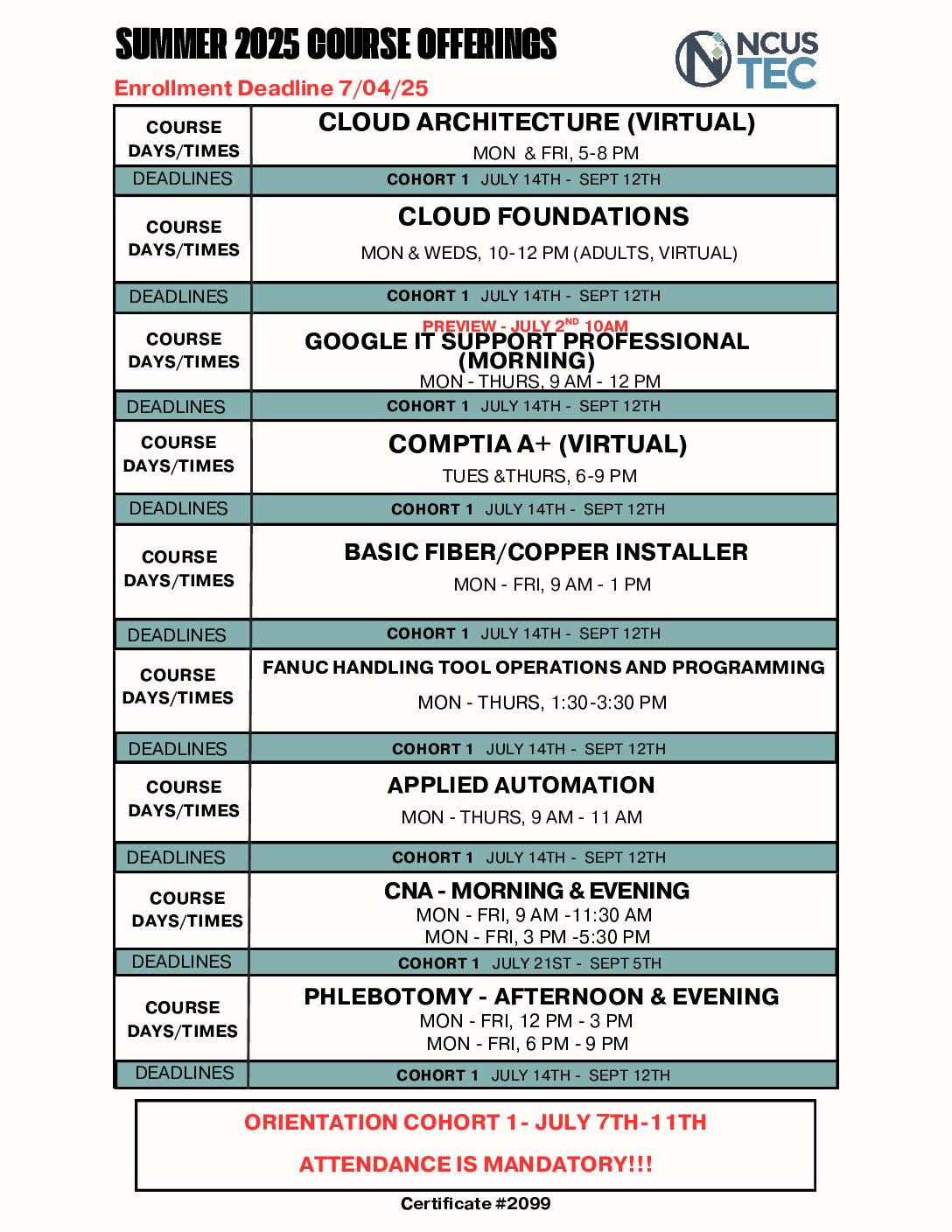 2025 Summer Course Schedule