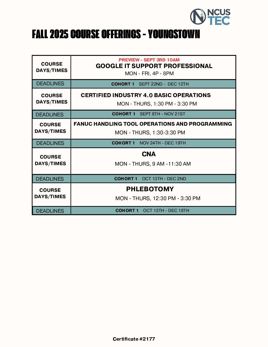 2025 Fall YTOWN - NCUS TEC COURSE OFFERINGS